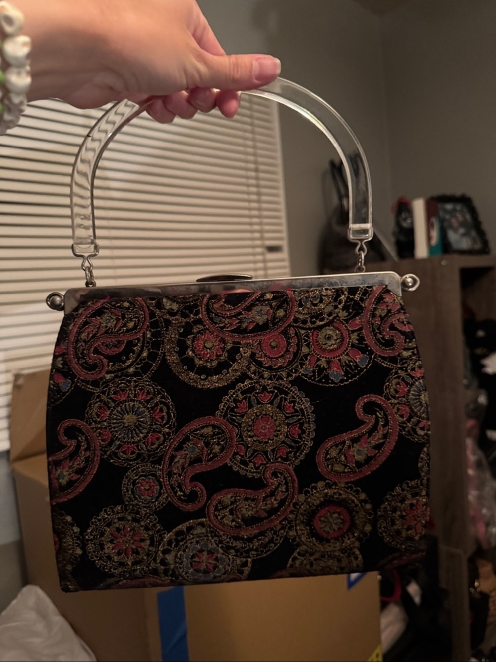 Black Vintage Paisley-Patterned Evening Handbag with Clear Handle
